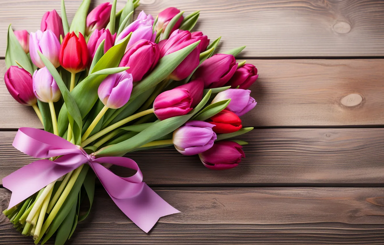 Photo wallpaper flowers, bouquet, colorful, tulips, wood, flowers, tulips, spring