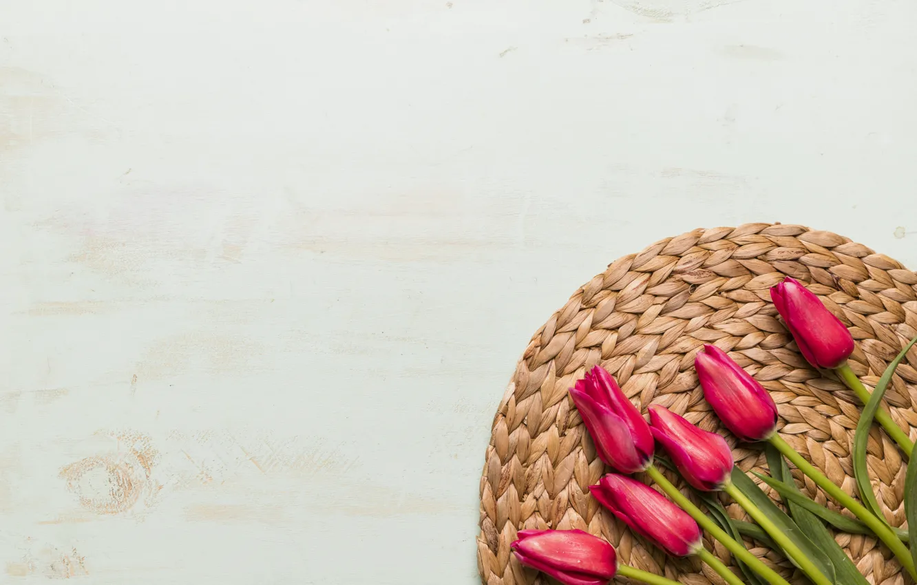 Photo wallpaper flowers, red, bouquet, tulips, red, wood, flowers, tulips