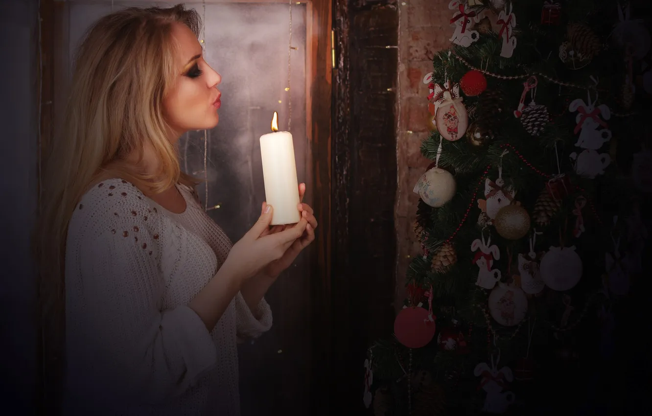 Photo wallpaper lights, pose, mood, model, tree, new year, portrait, candles