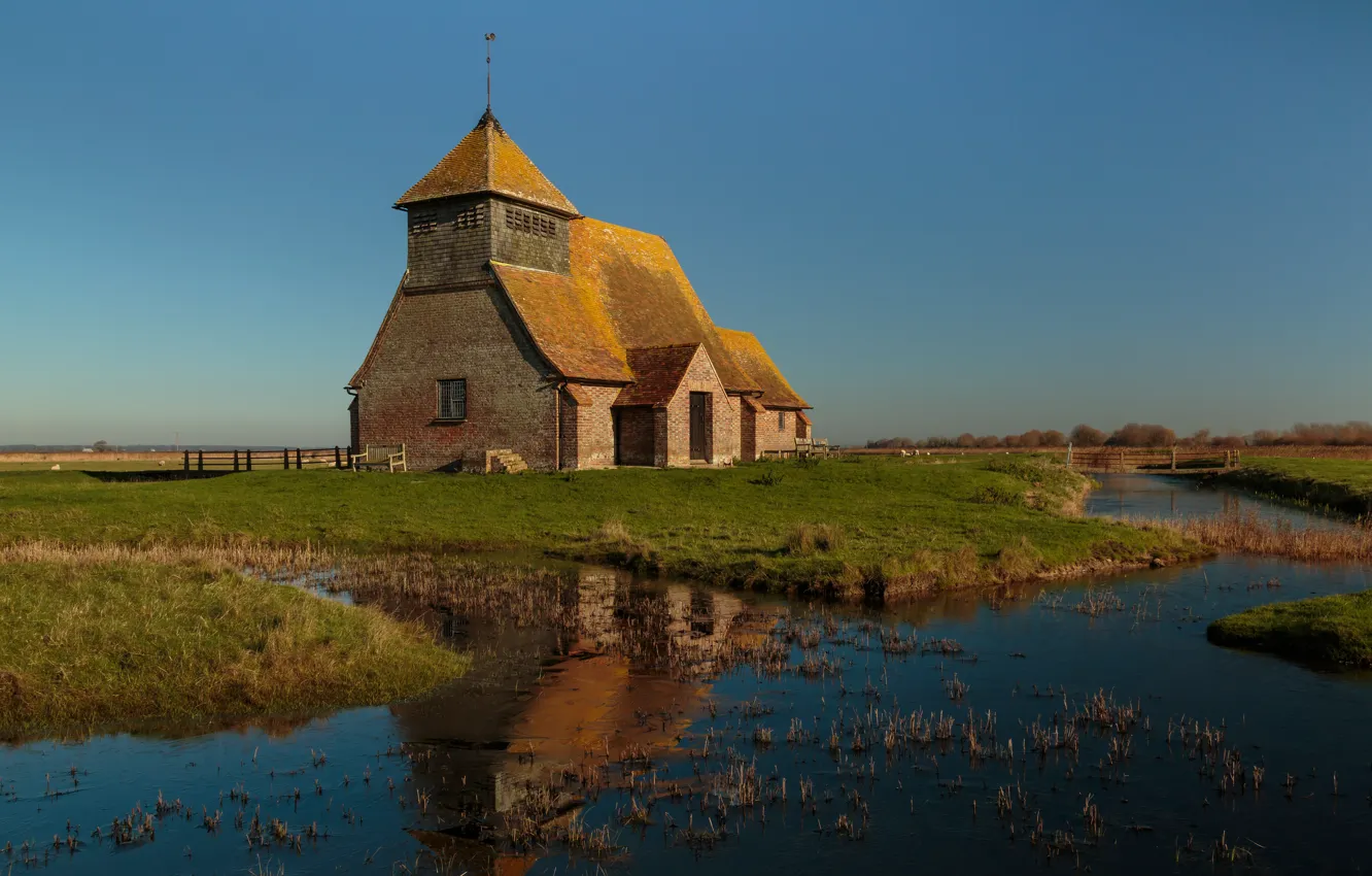 Photo wallpaper the sky, grass, lake, reflection, blue, castle, shore, Church