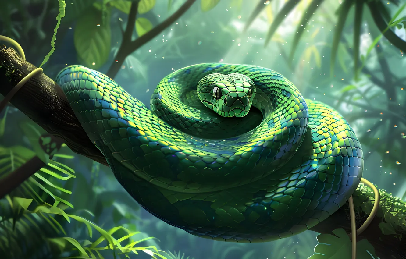 Photo wallpaper look, face, trees, animal, snake, jungle, art, reptile