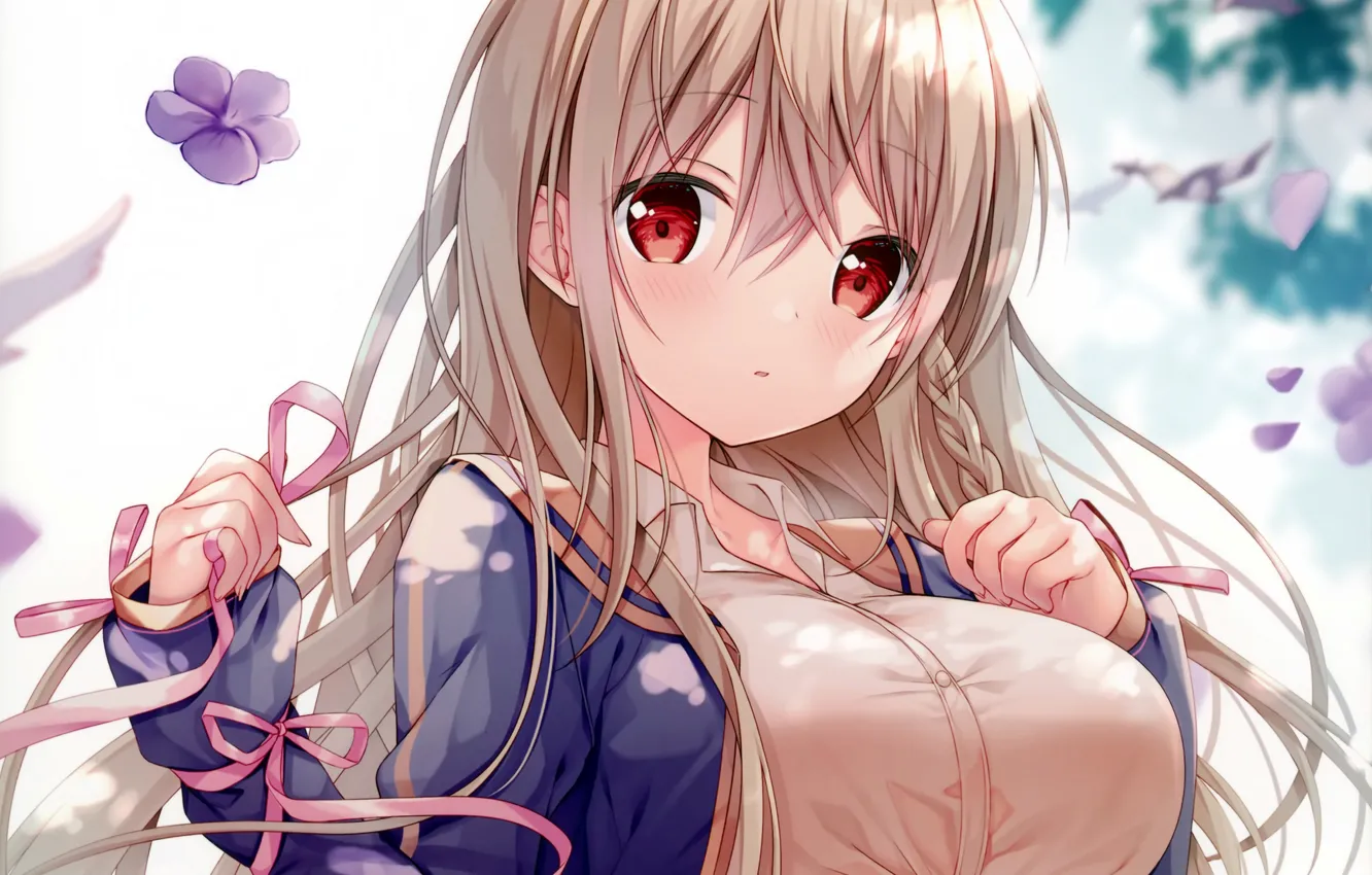 Photo wallpaper girl, sexy, long hair, boobs, anime, beautiful, red eyes, pretty