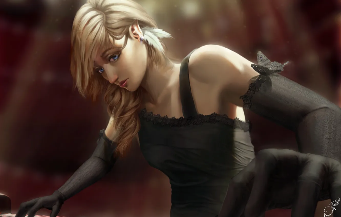 Photo wallpaper girl, the game, feathers, dress, piano, art, lepus