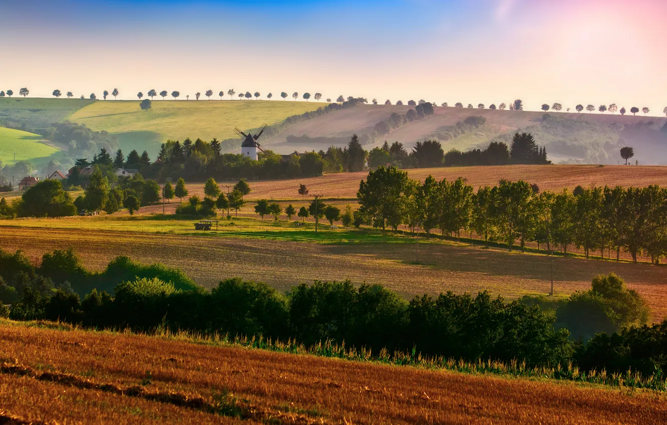 Photo wallpaper field, the sky, trees, color, rainbow