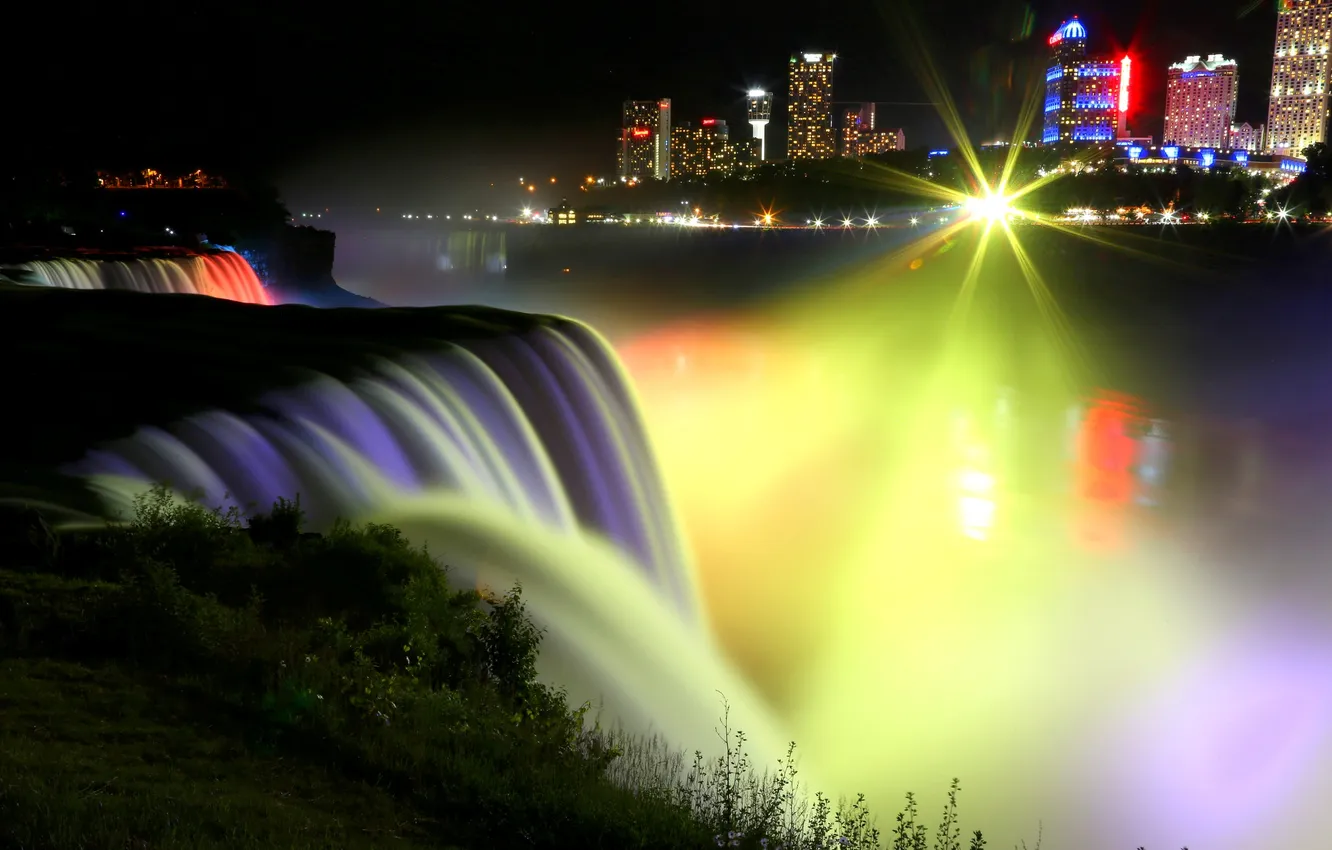 Photo wallpaper night, lights, river, home, stream, Niagara falls