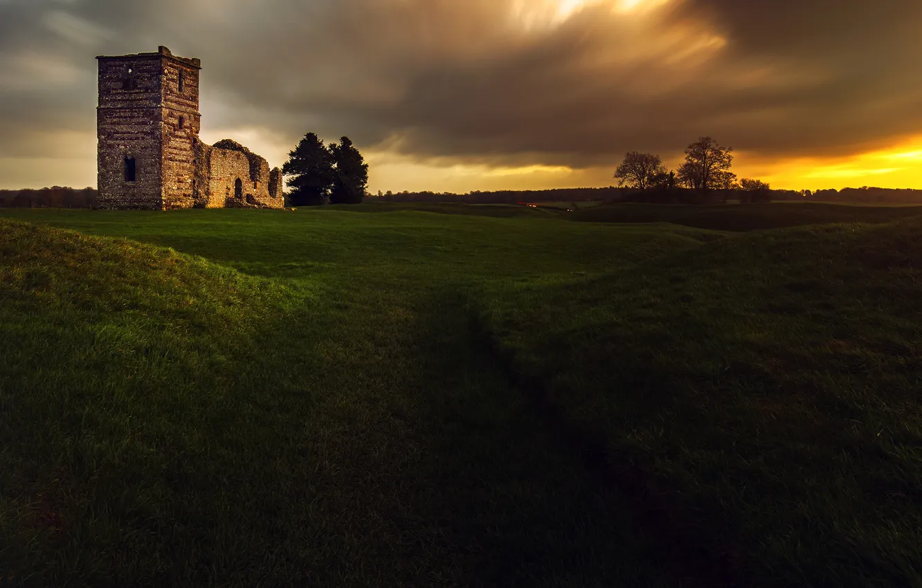 Photo wallpaper field, nature, building