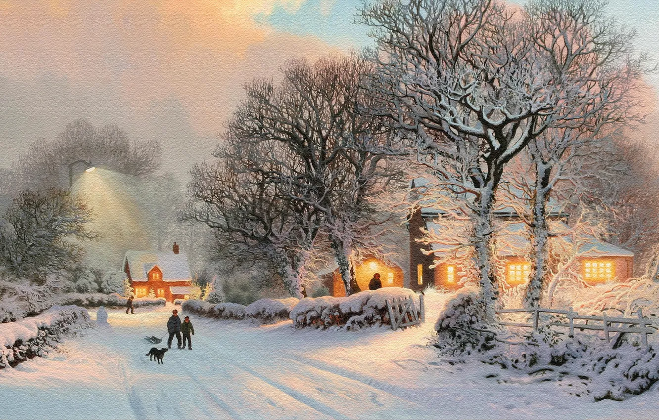 Photo wallpaper winter, road, light, people, dog, village