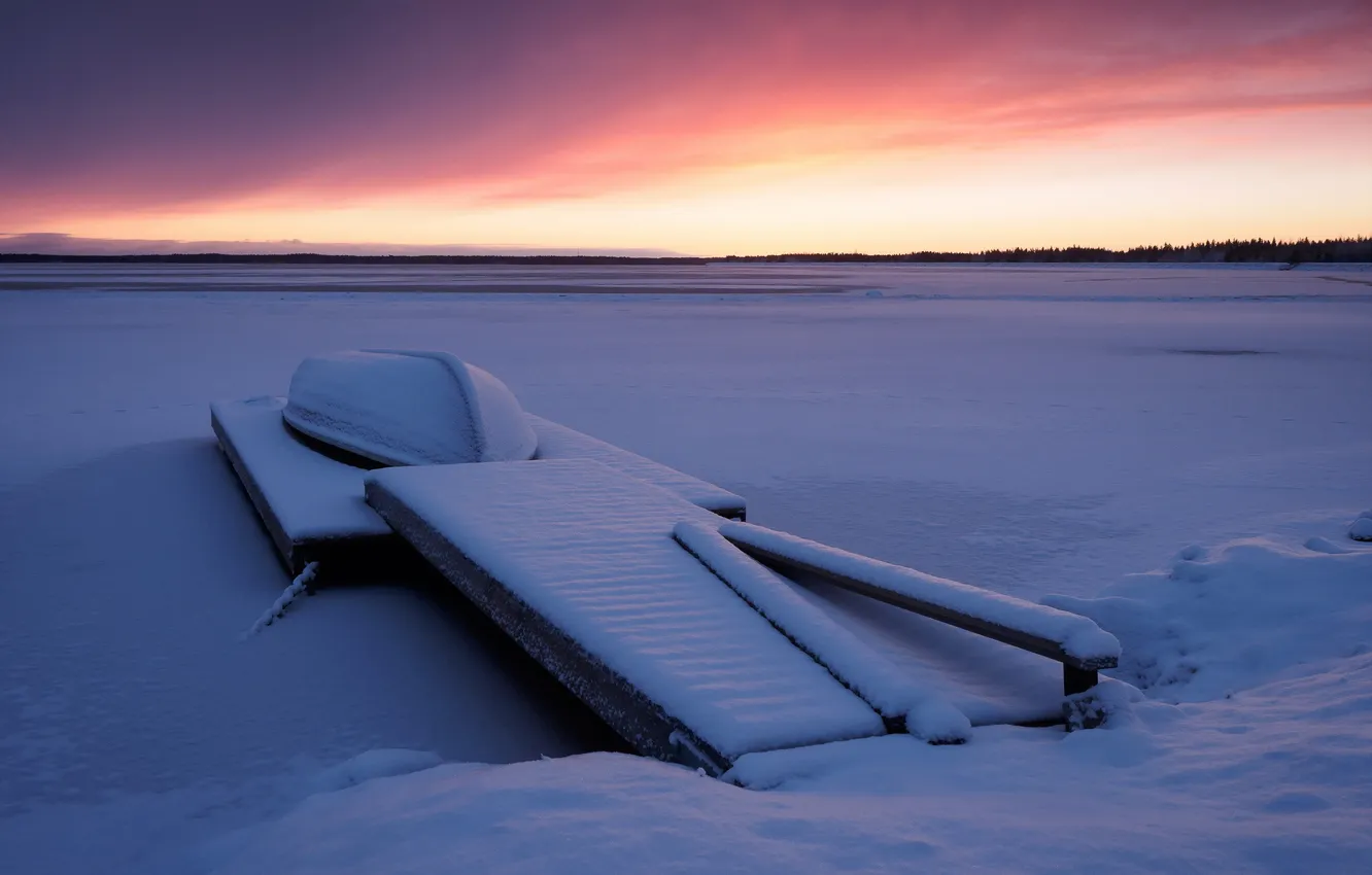 Photo wallpaper winter, lake, boat