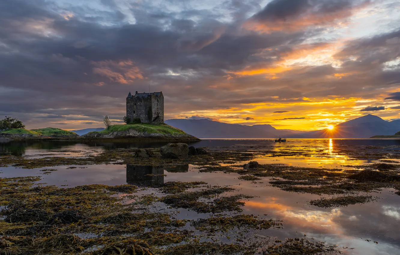 Photo wallpaper sunset, castle, shore