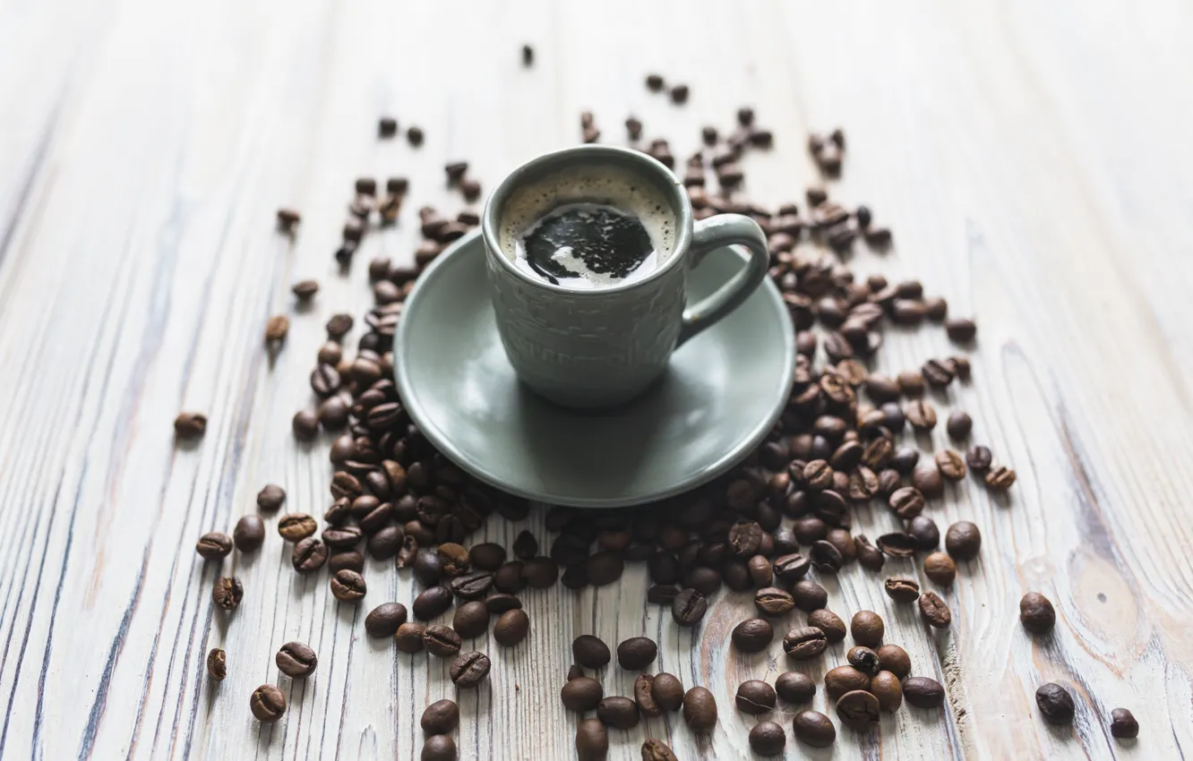 Photo wallpaper Cup, wood, coffee beans, cup, coffe, espresso, espresso