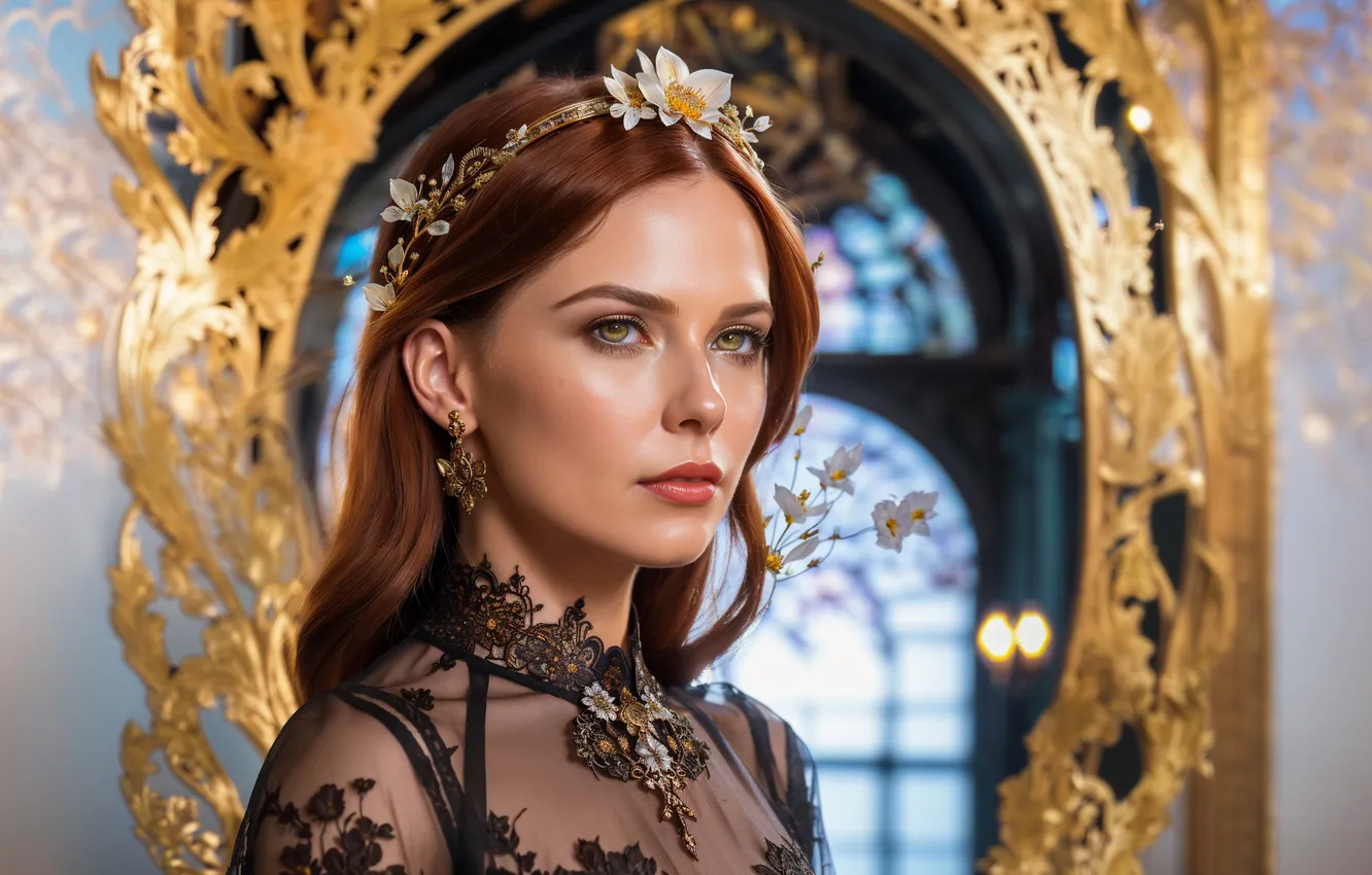 Photo wallpaper girl, decoration, gold, arch