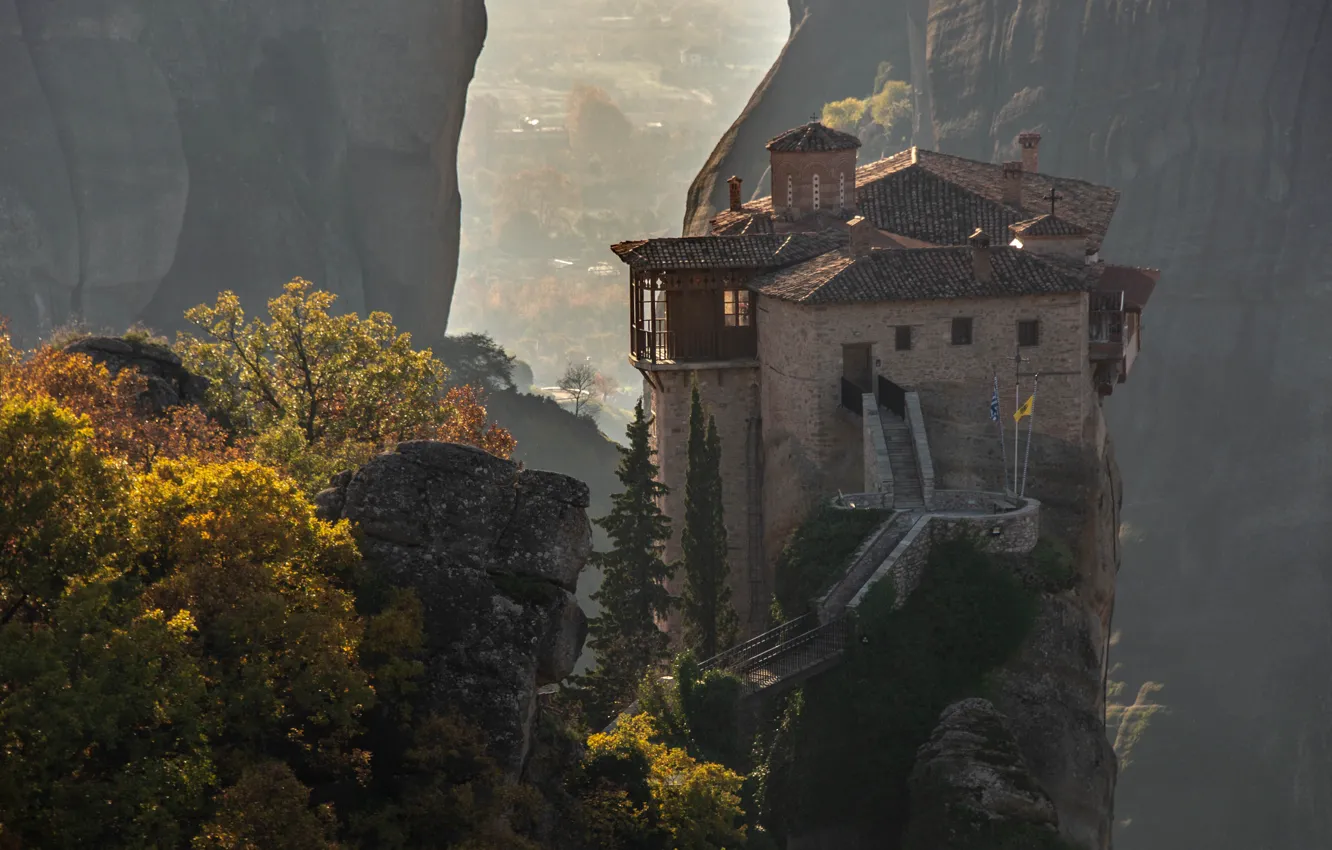 Photo wallpaper autumn, landscape, mountains, nature, rocks, vegetation, Greece, the monastery