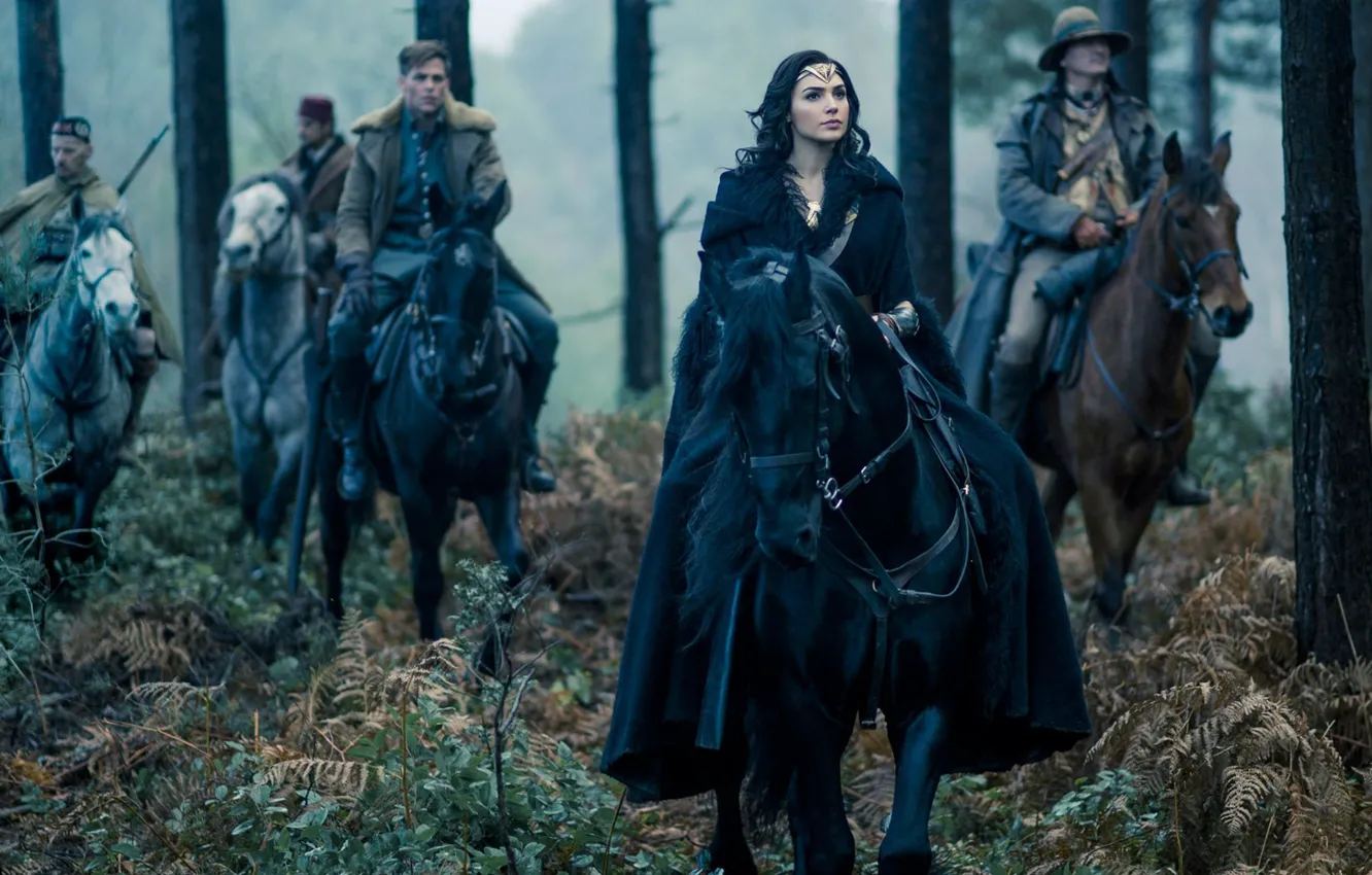 Photo wallpaper cinema, Wonder Woman, soldier, woman, movie, brunette, horse, film