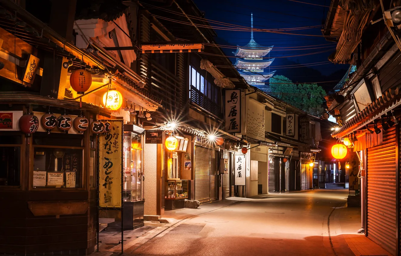 Photo wallpaper night, lights, street, home, Japan, lights, Miyajima