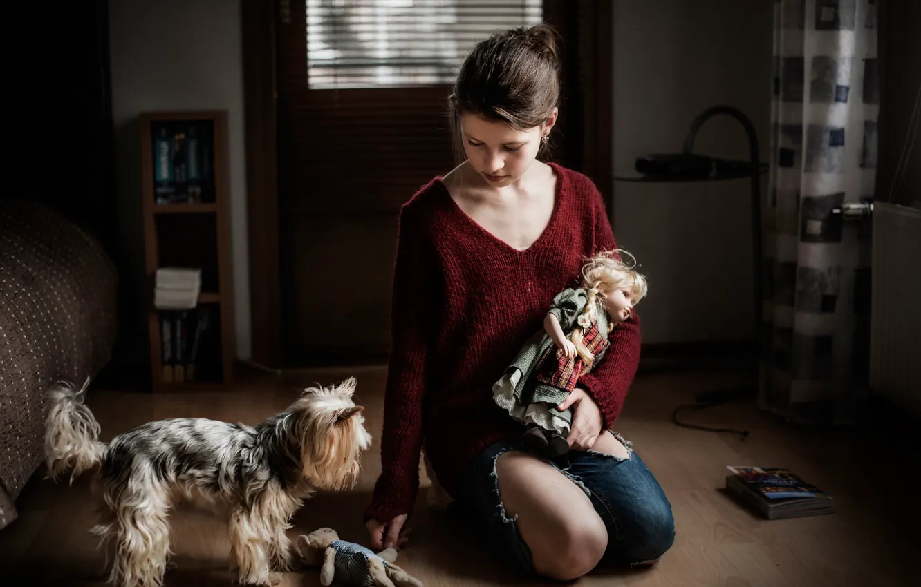 Photo wallpaper dog, doll, girl, Toys