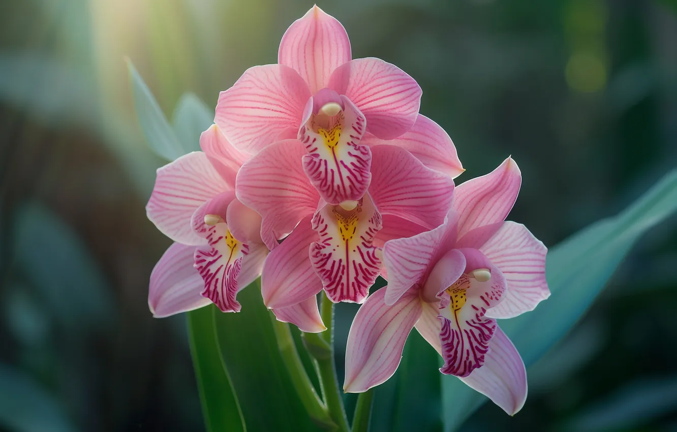 Photo wallpaper leaves, flowers, pink, Orchid, AI art, neural network