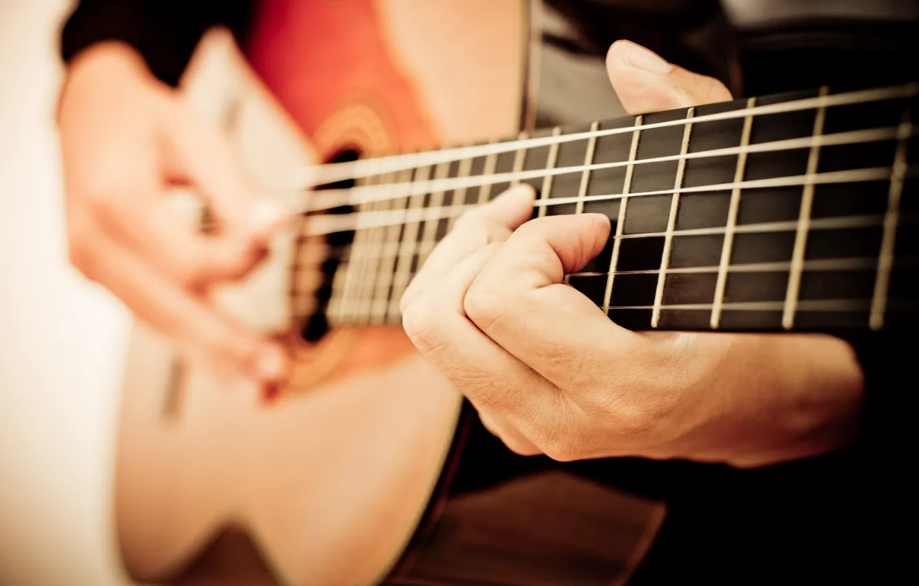 Photo wallpaper guitar, strings, blur, sound, tool, musician, Music, plays