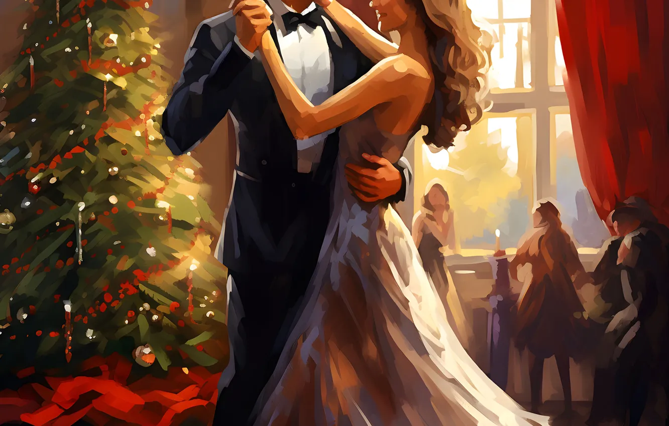 Photo wallpaper girl, new year, dance, dress, Christmas, guy, two, digital art
