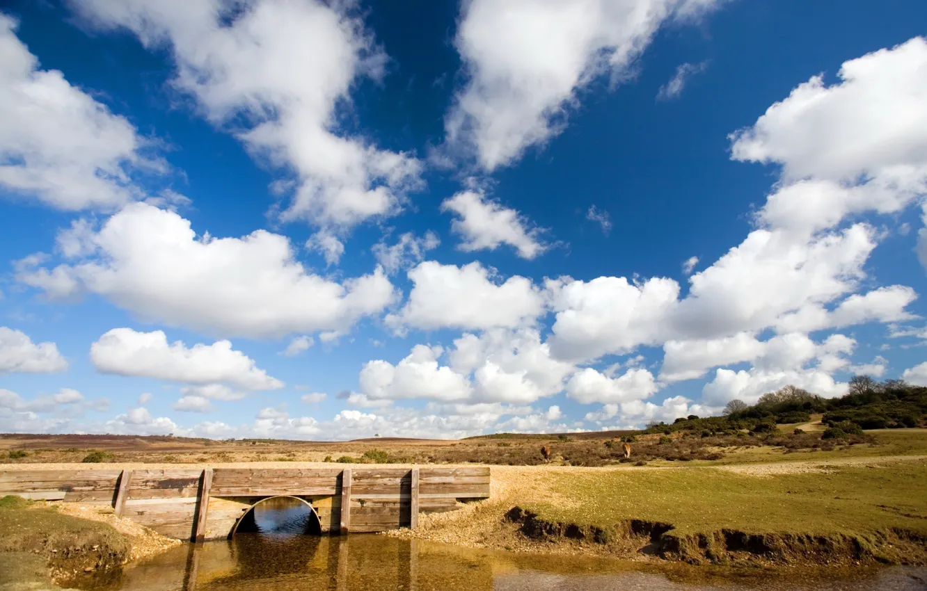 Photo wallpaper the sky, water, clouds, bridge, the steppe, river