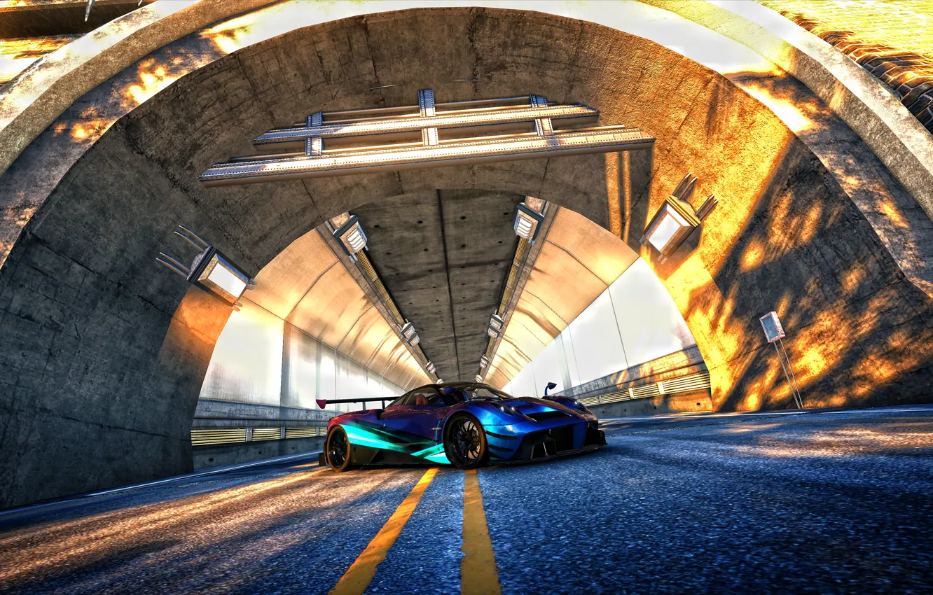 Photo wallpaper road, the evening, lantern, shadows, the tunnel, pagani, to huayr, the crew