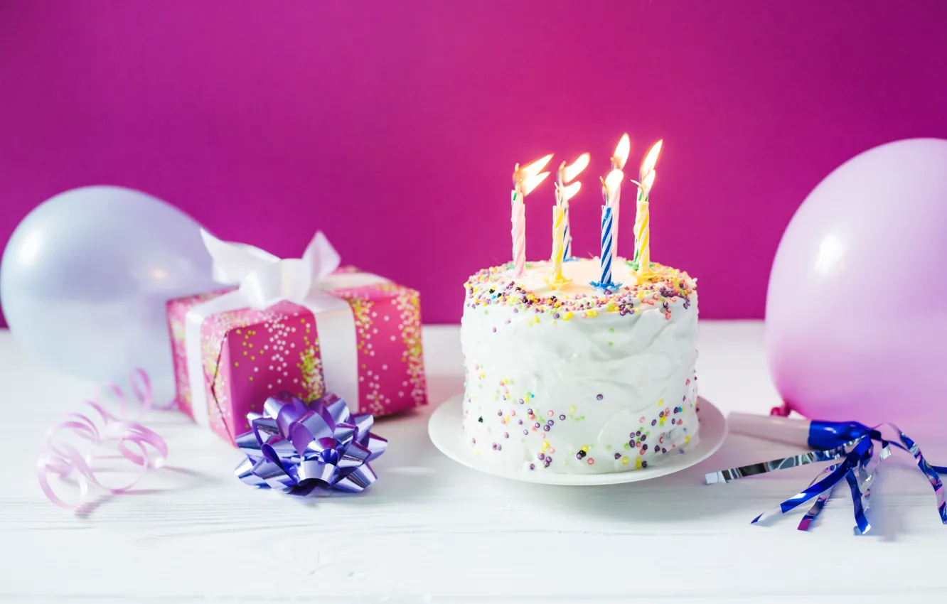 Photo wallpaper holiday, gift, balls, candles, cake