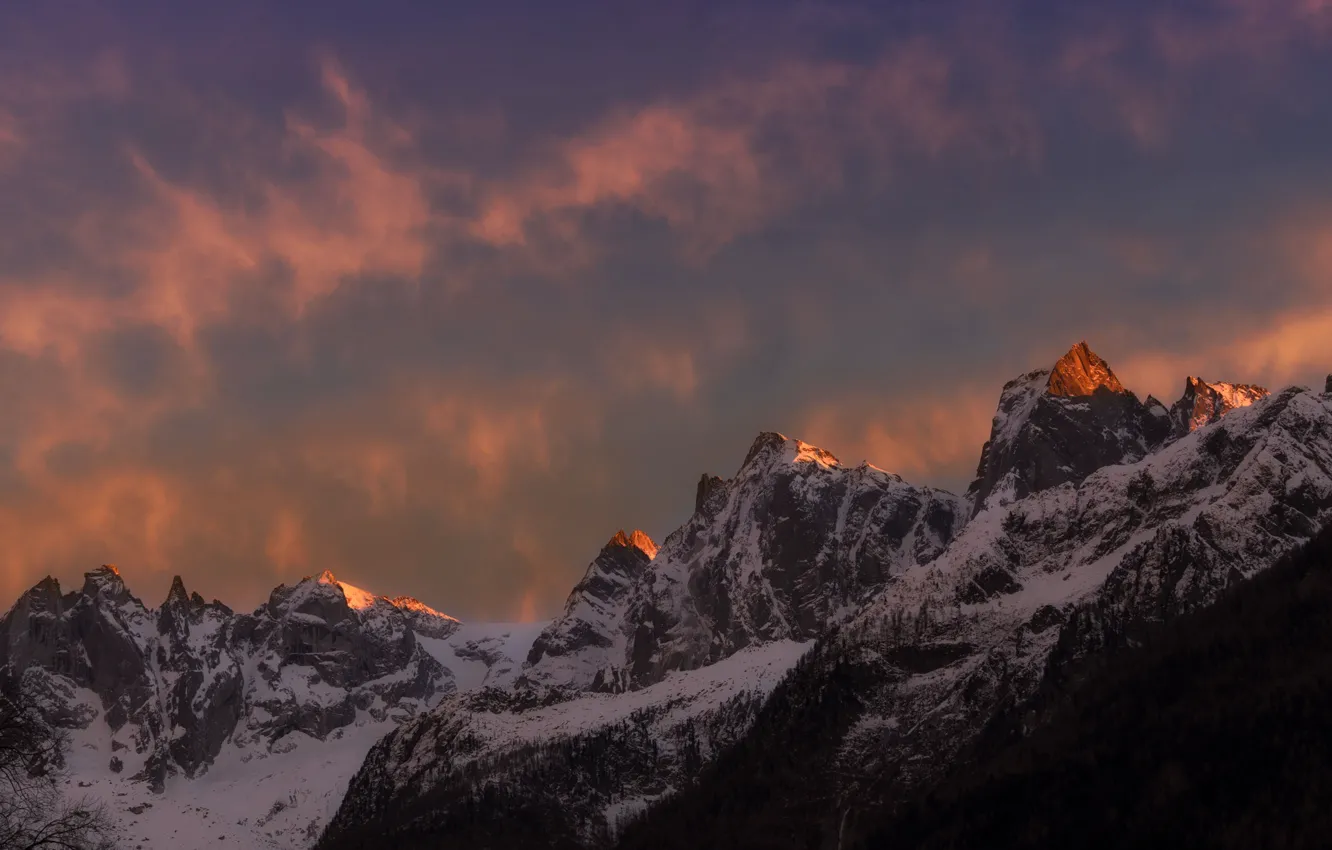 Photo wallpaper winter, the sky, clouds, snow, trees, sunset, mountains, nature