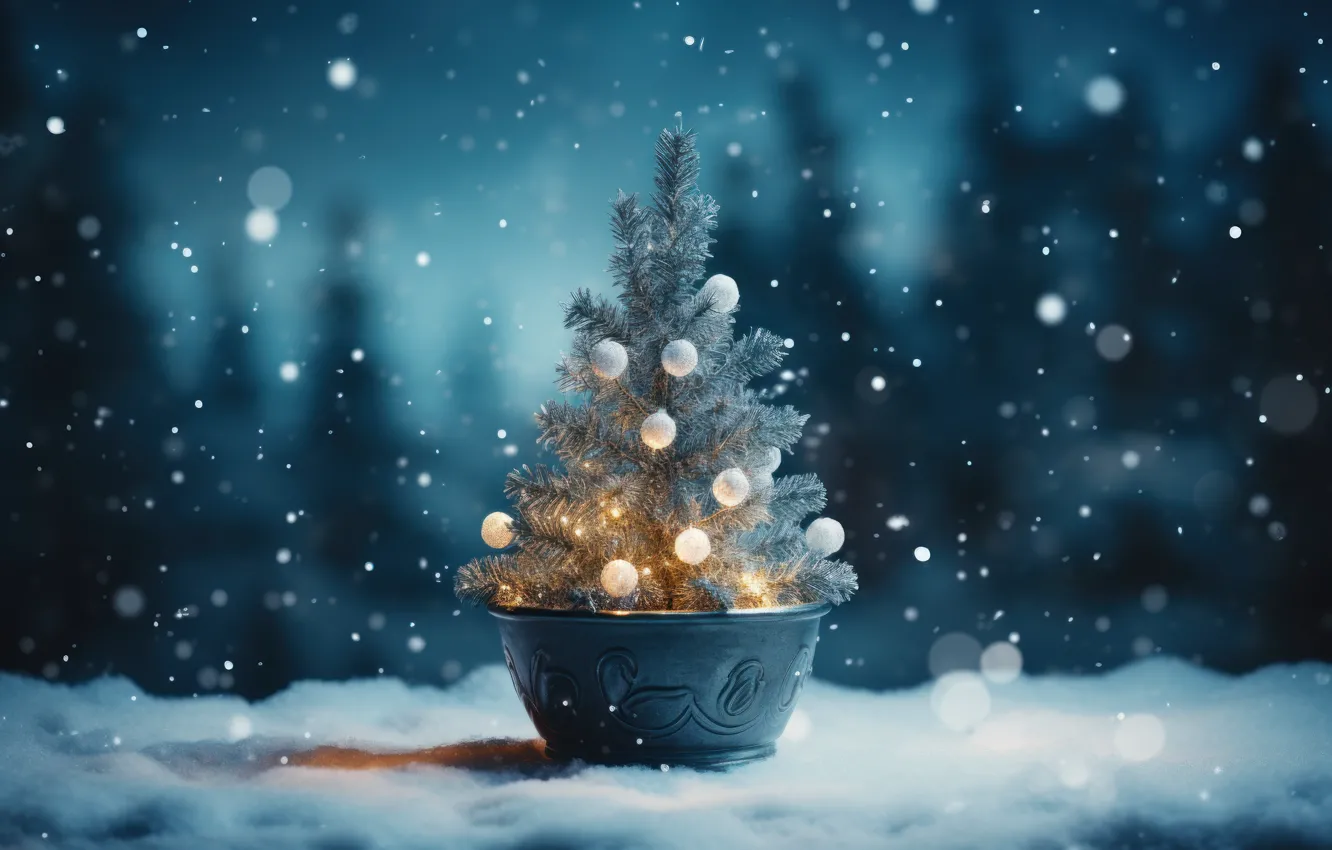 Photo wallpaper winter, snow, night, the dark background, tree, new year, Christmas, herringbone