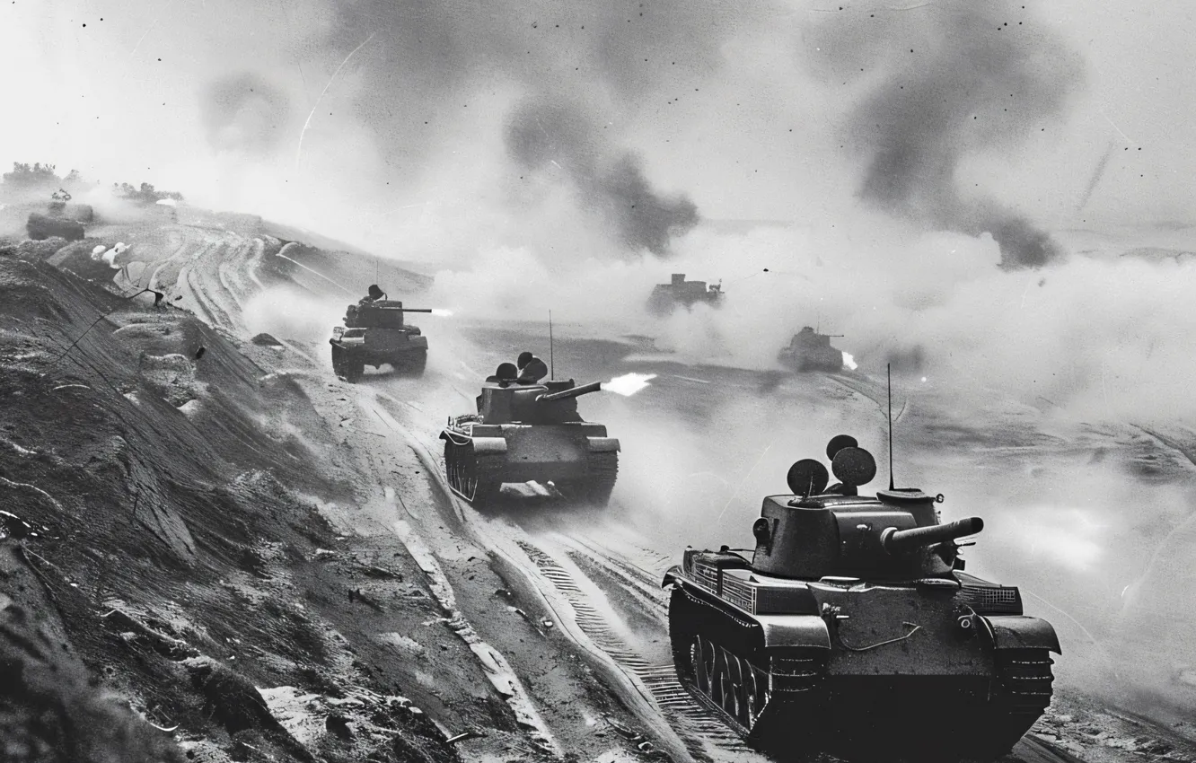 Photo wallpaper smoke, dust, shot, tank, black and white, digital art, AI art, The Art of Artificial …