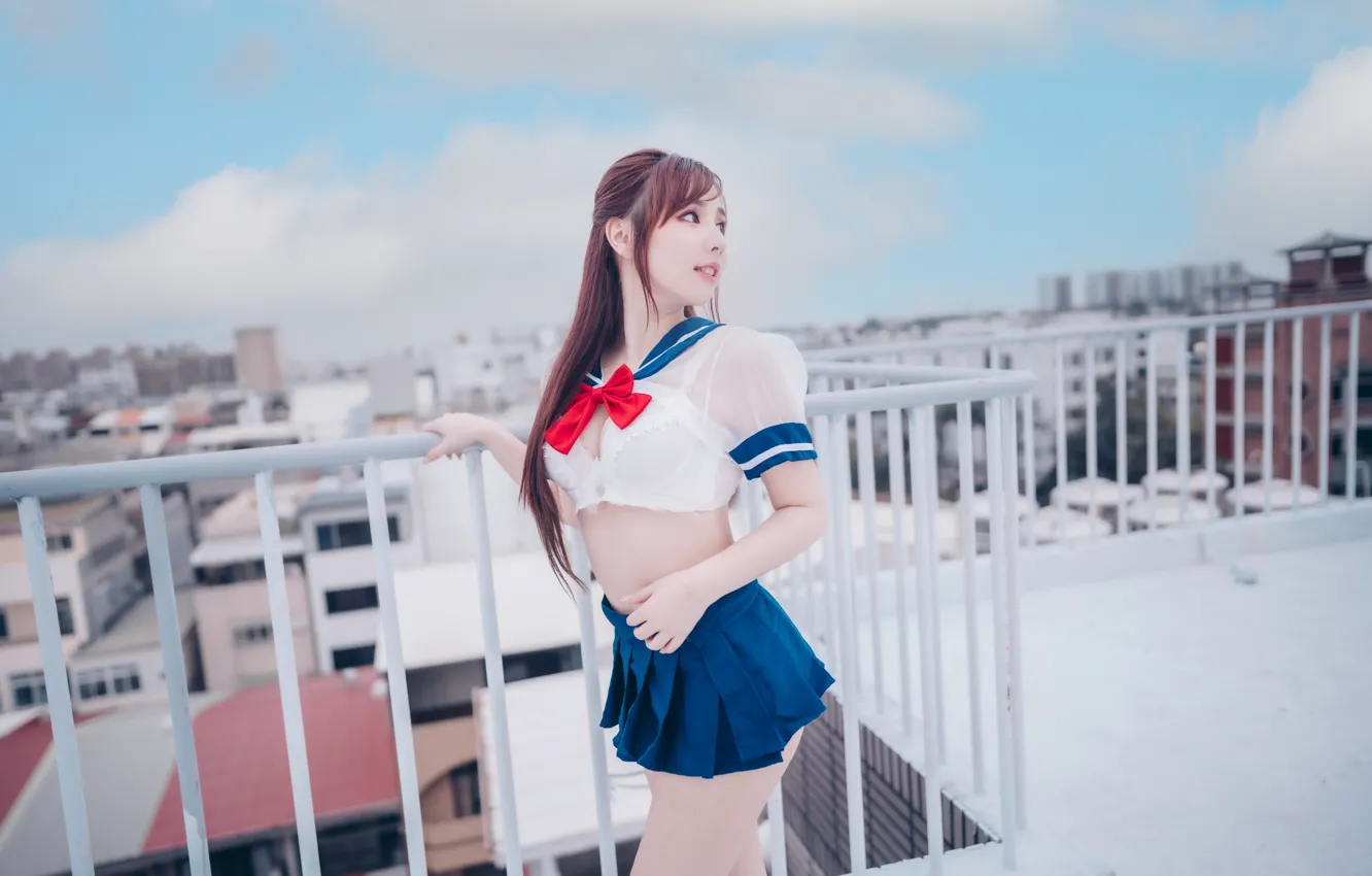 Photo wallpaper bra, school uniform, model, women, cosplay, brunette, asian, underwear