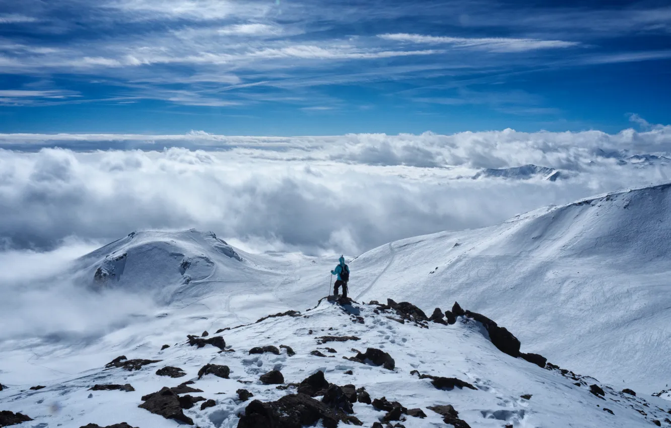 Photo wallpaper winter, the sky, clouds, mountains, climbing