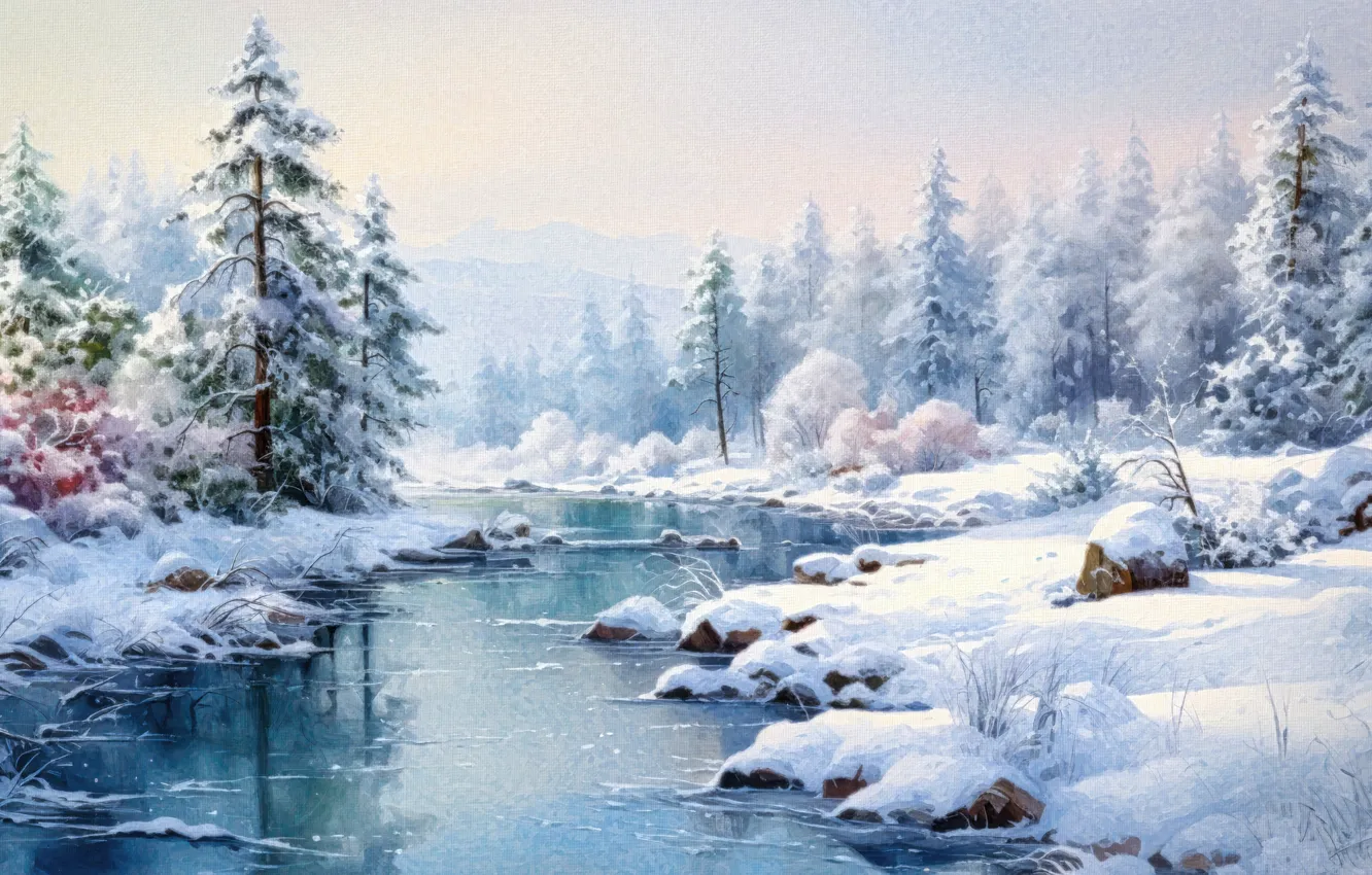 Photo wallpaper winter, forest, snow, trees, landscape, nature, shore, picture