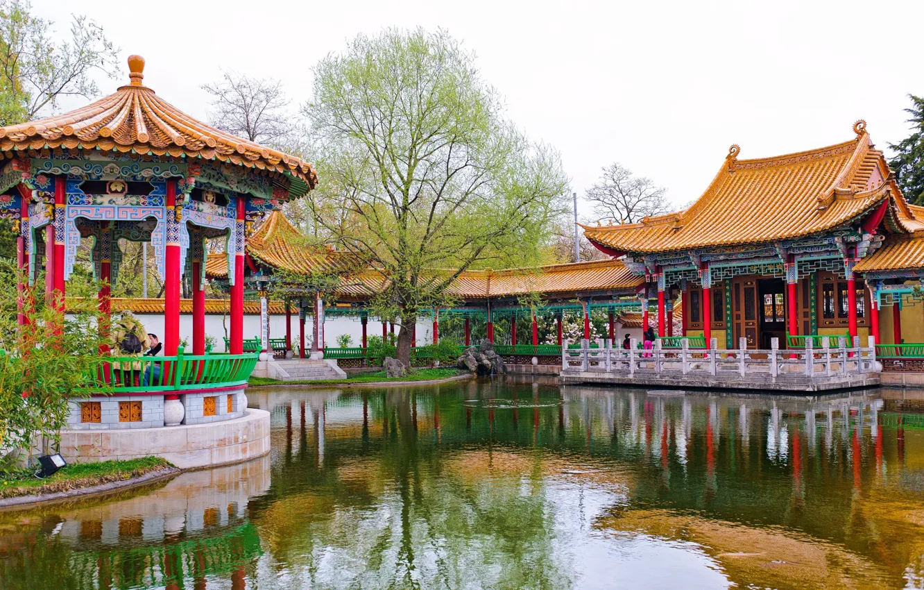 Photo wallpaper pond, Park, tree, Switzerland, gazebo, Switzerland, Zurich, Zurich