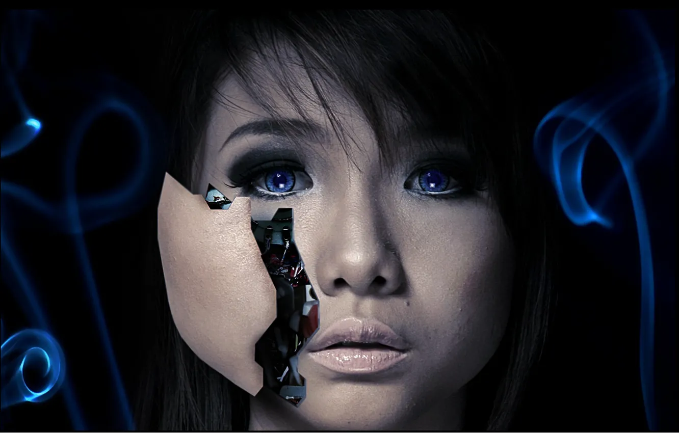 Photo wallpaper face, robot, head, Android, black background, cyborg
