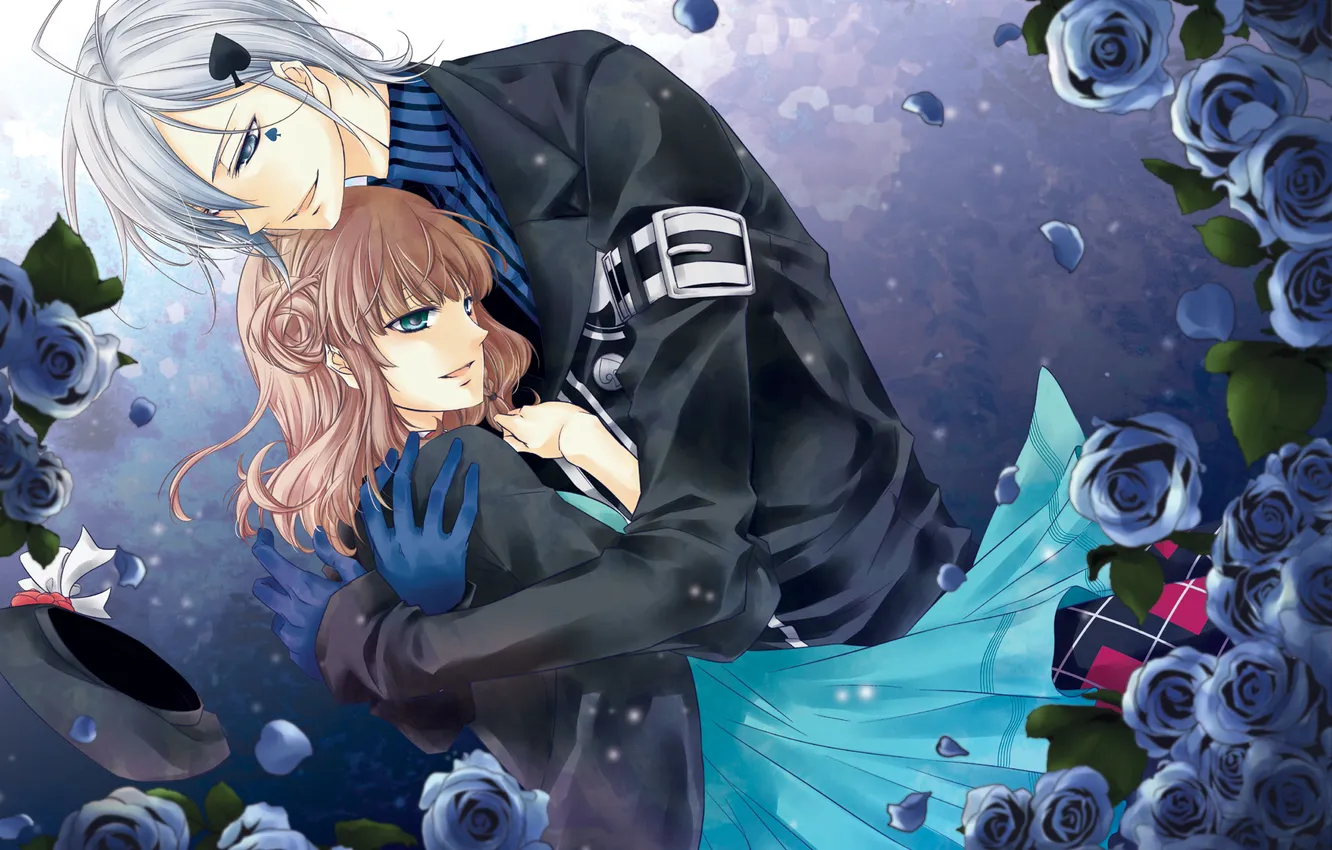 Photo wallpaper girl, smile, roses, anime, petals, dress, pair, gloves