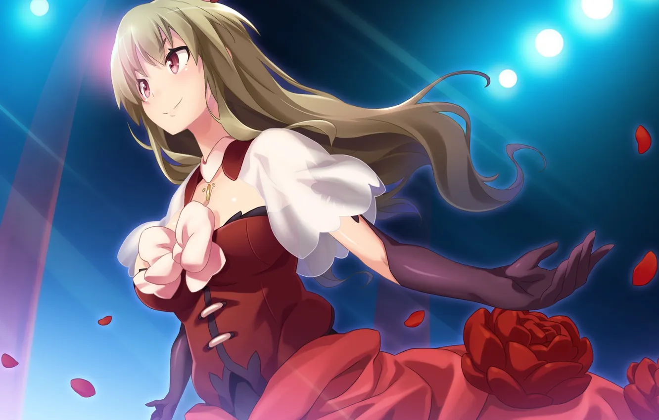 Photo wallpaper girl, flowers, smile, roses, petals, dress, gesture, spotlight