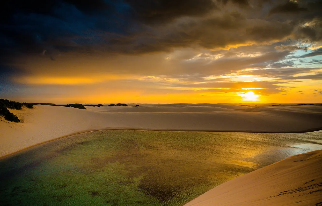 Photo wallpaper clouds, sunset, pool, horizon, dunes, Brazil, Maranhao