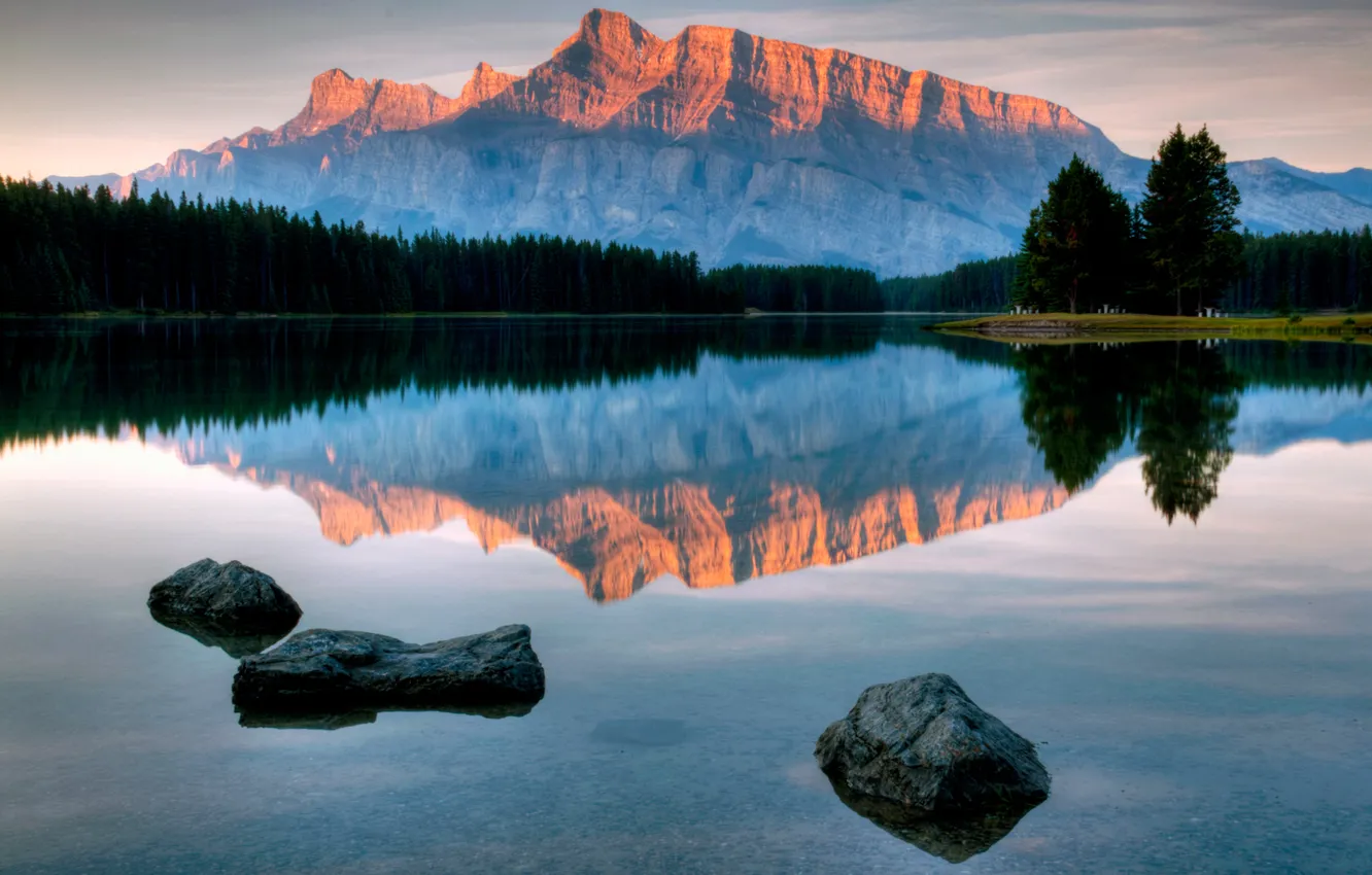 Photo wallpaper water, rock, reflection, mountain