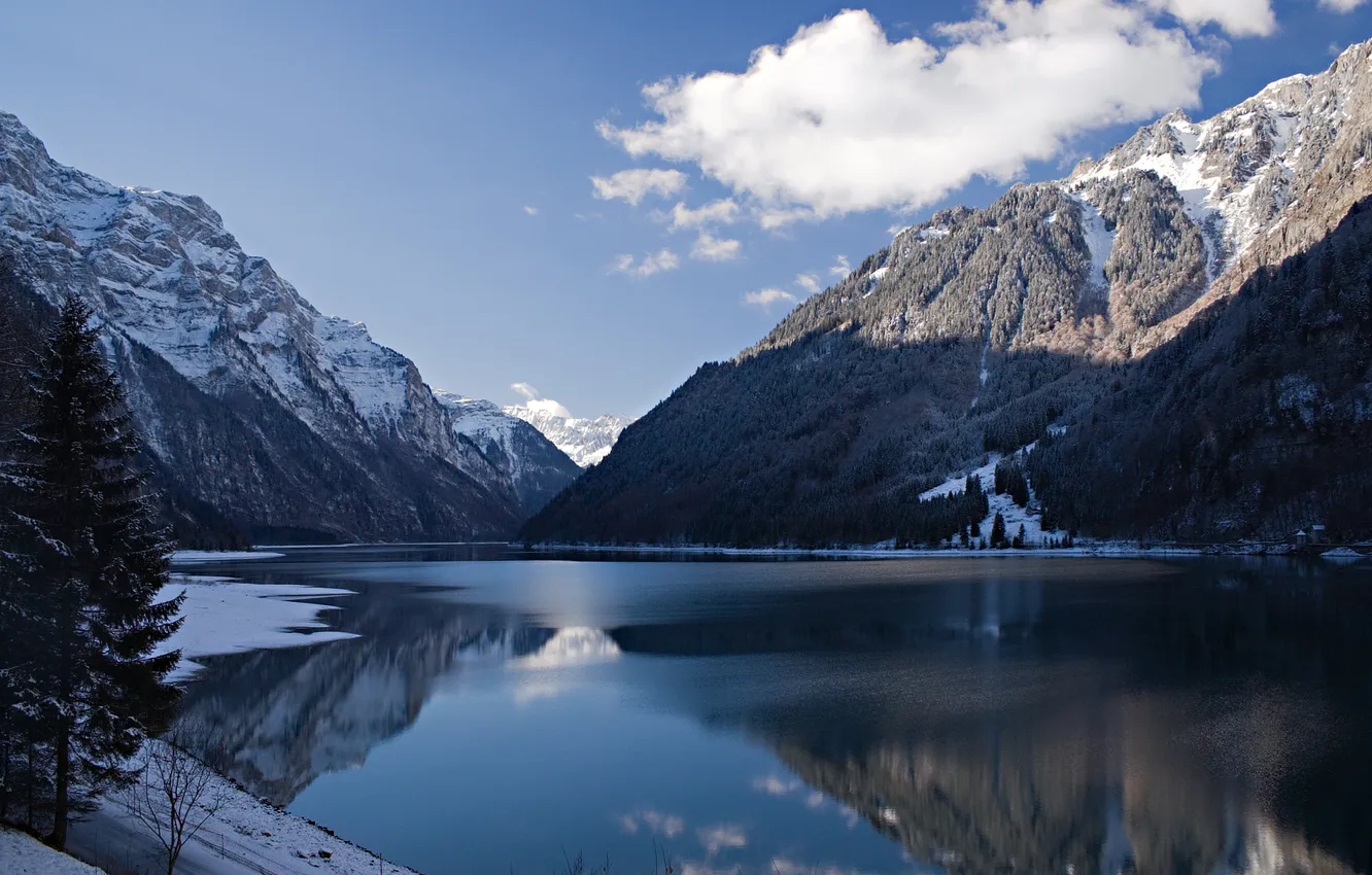 Photo wallpaper winter, snow, mountains, lake