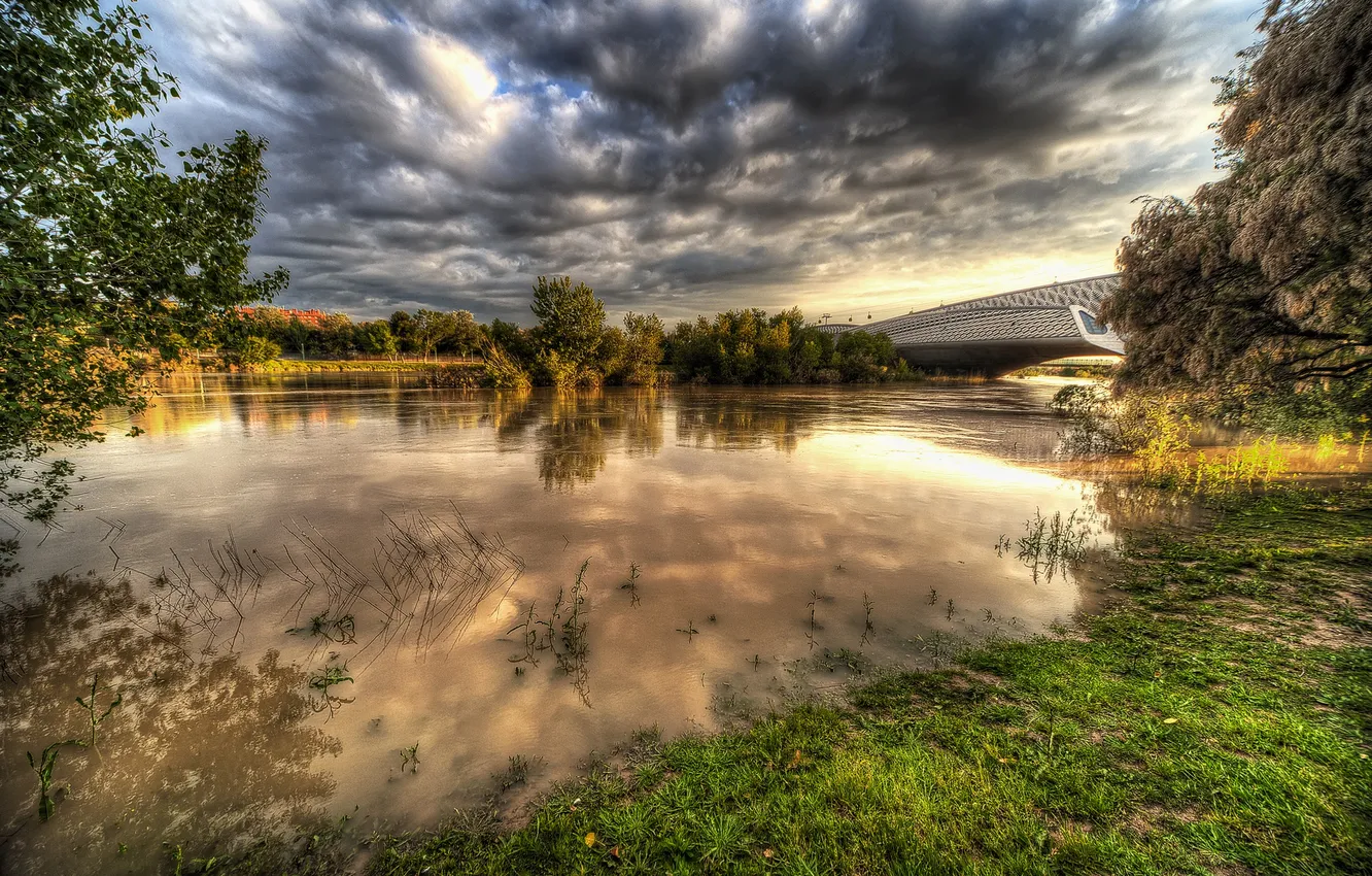 Photo wallpaper clouds, bridge, river, HDR, Spain, Zaragoza, Aragon
