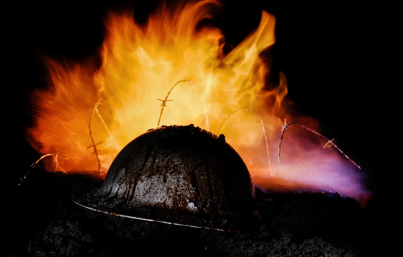 Photo wallpaper background, flame, earth, helmet, barbed wire