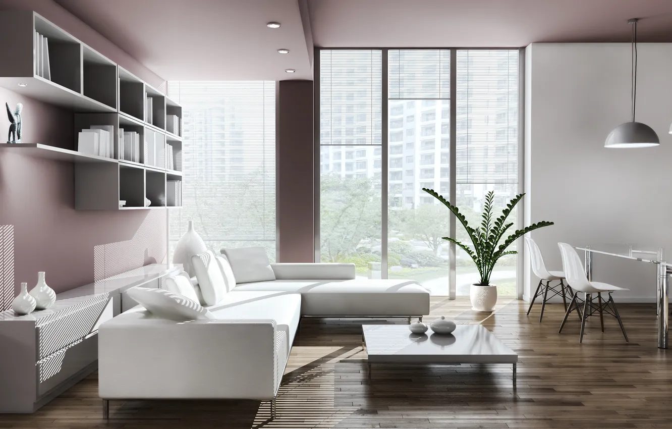 Photo wallpaper table, room, sofa, plant, lamp, chair, window, vase