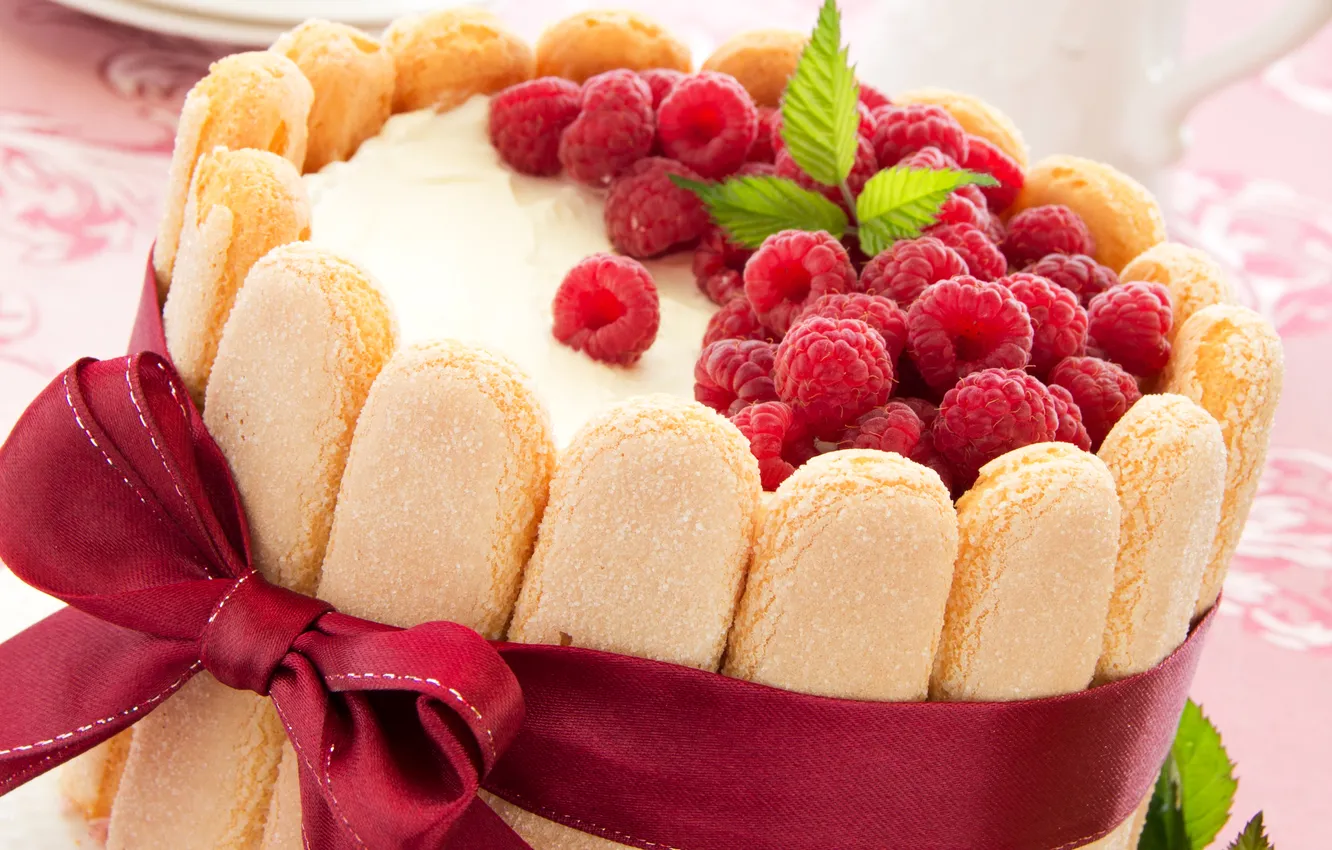 Photo wallpaper berries, raspberry, cookies, cake, bow, cream, dessert, ribbon