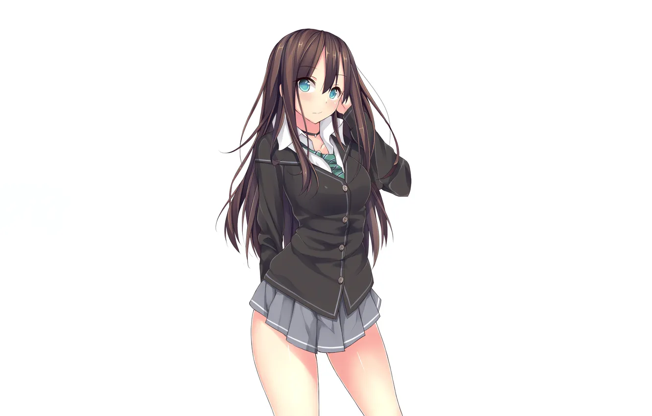 Photo wallpaper girl, sexy, school uniform, green eyes, long hair, brown hair, sexy girl, anime
