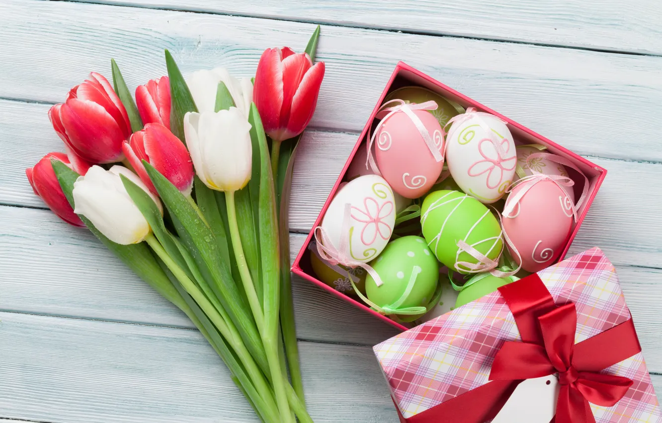 Photo wallpaper flowers, Easter, tulips, happy, pink, flowers, tulips, spring