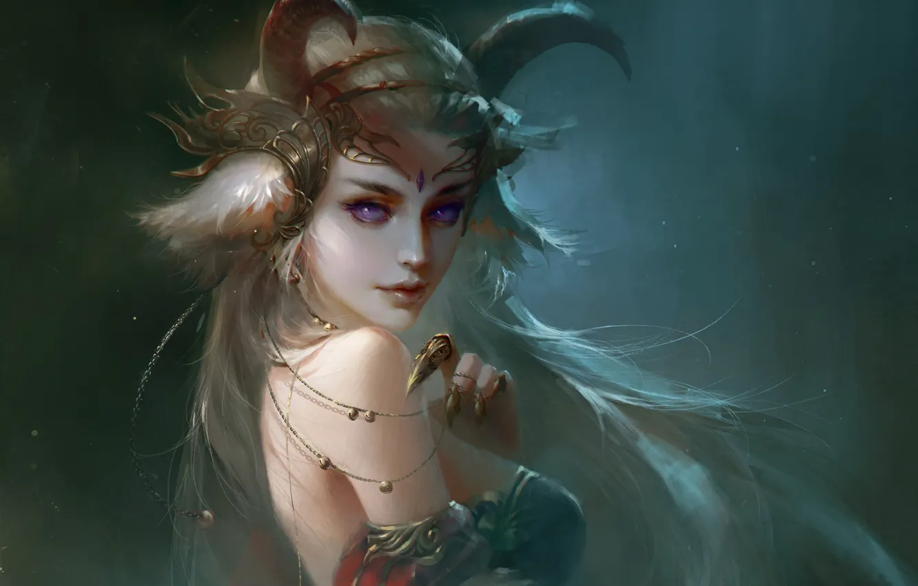 Photo wallpaper demon, girl, fantasy, horns, art, purple eyes, painting, blonde