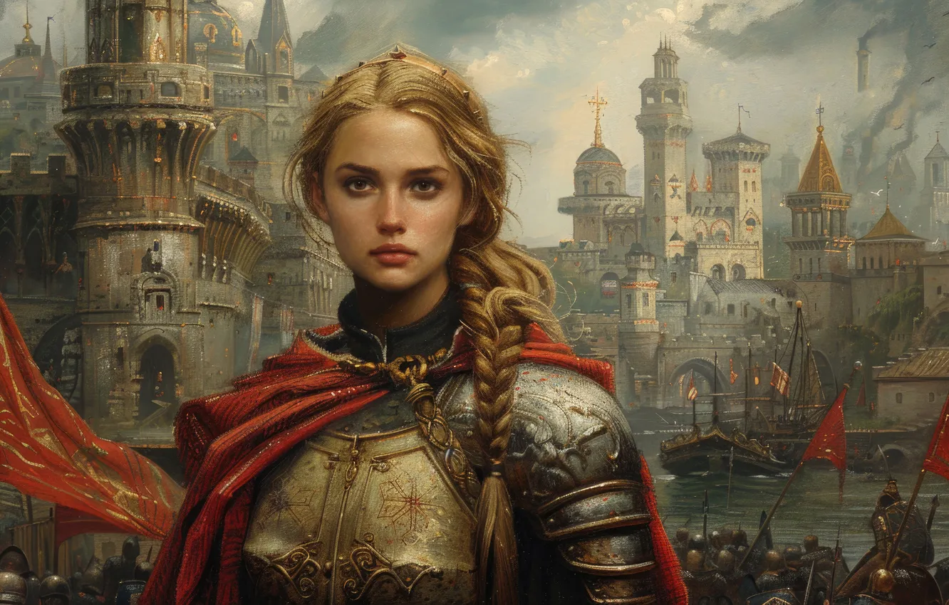 Photo wallpaper the sky, look, girl, clouds, river, castle, France, people