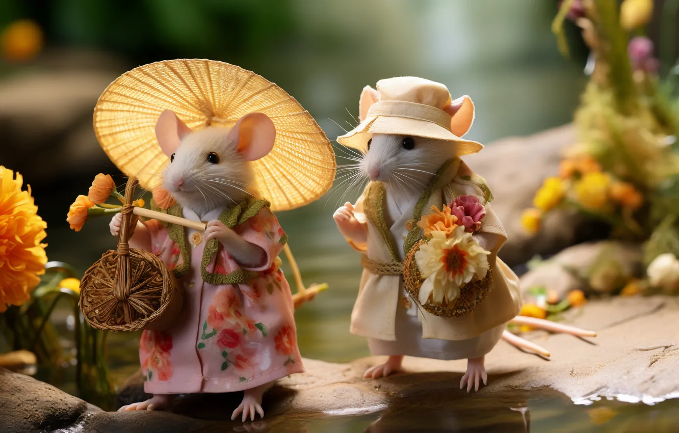 Photo wallpaper flowers, umbrella, fantasy, clothing, mouse, mouse, outfit, hat