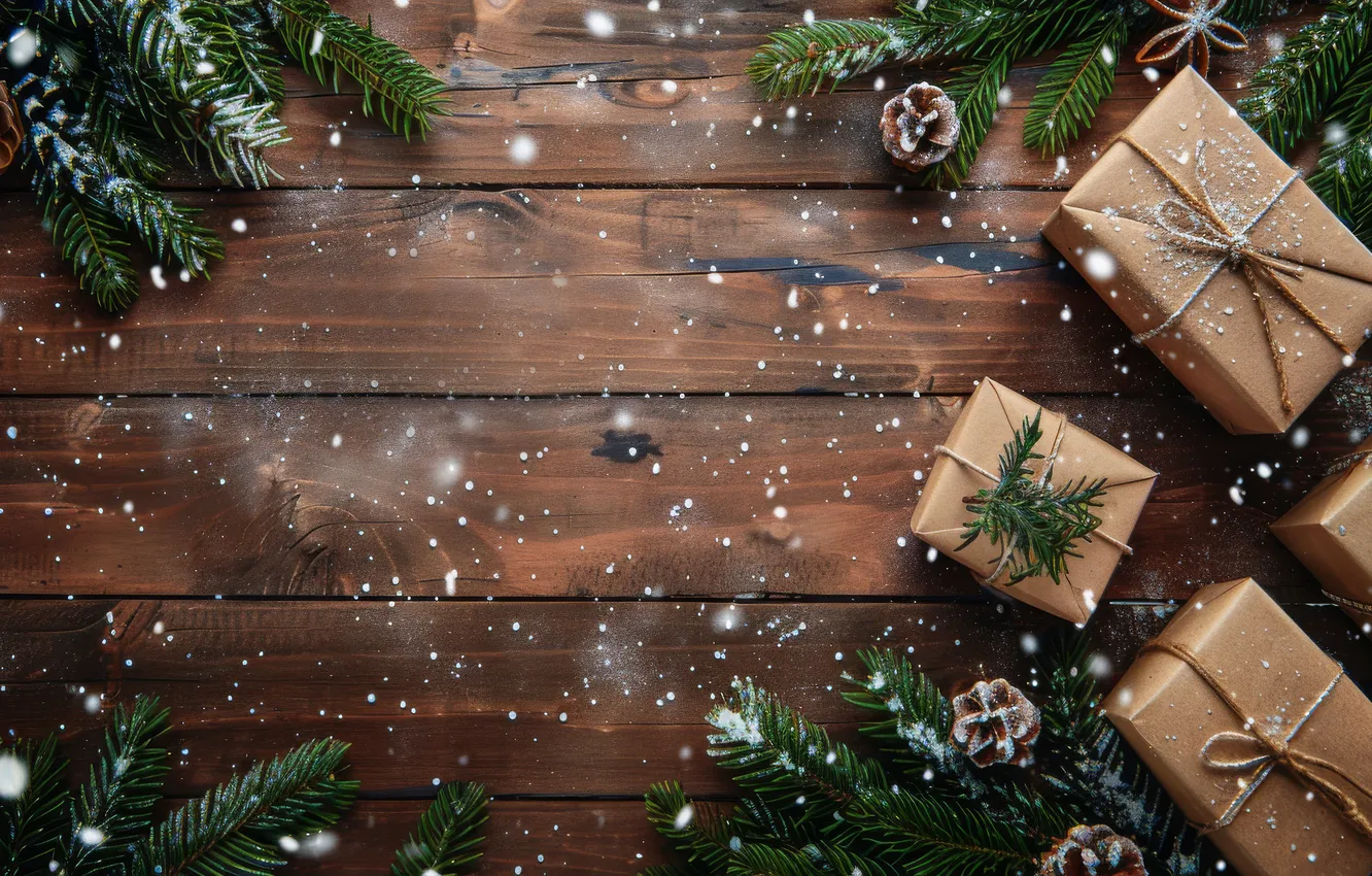 Photo wallpaper snow, branches, box, gift, Board, new year, Christmas, needles