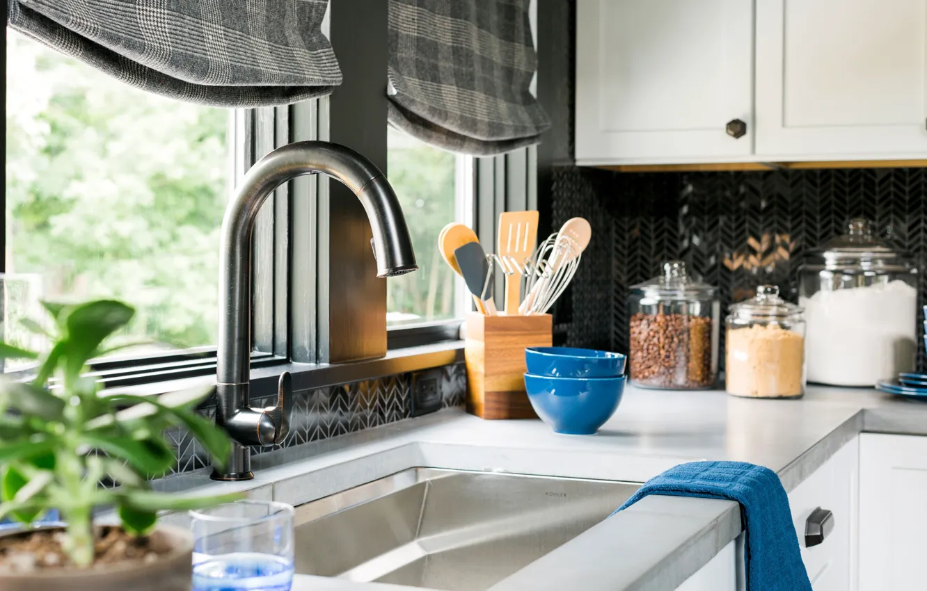 Photo wallpaper interior, crane, window, kitchen, dishes, blinds