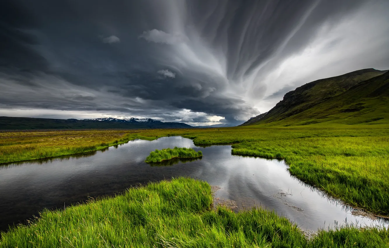Photo wallpaper the sky, grass, clouds, mountains, clouds, Iceland